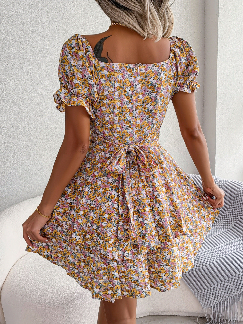 Women Mini Dress Temperament Big Swing Loose Hem Flower Print Shirring Dress Up Short Sleeves High Waist Summer Dress Clothes ARVASHAA