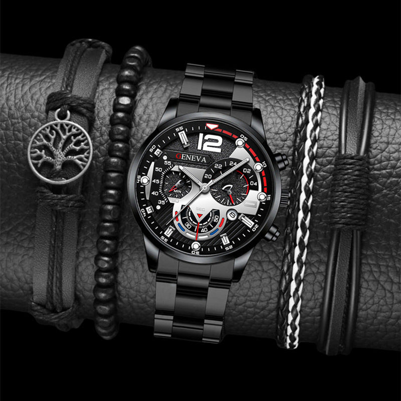 2pcs Men’s Steel Strip Quartz Watch & Bracelet Set | Fashion Business Three-Eye Design – Valentine’s Day Gift ARVASHAA