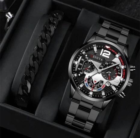 2pcs Men’s Steel Strip Quartz Watch & Bracelet Set | Fashion Business Three-Eye Design – Valentine’s Day Gift ARVASHAA