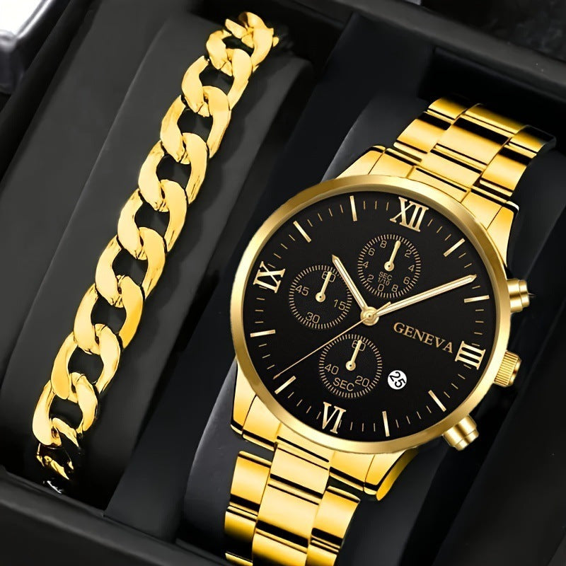 2pcs Men’s Steel Strip Quartz Watch & Bracelet Set | Fashion Business Three-Eye Design – Valentine’s Day Gift ARVASHAA
