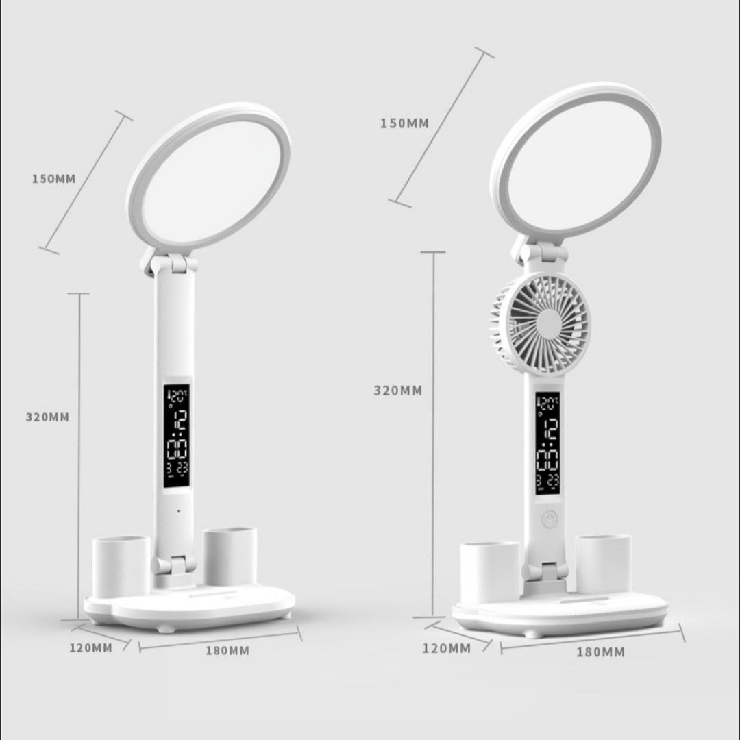 LED Clock Table Lamp USB Chargeable Dimmable Desk Lamp Plug-in LED Fan Light Foldable Eye Protection Reading Night Light ARVASHAA
