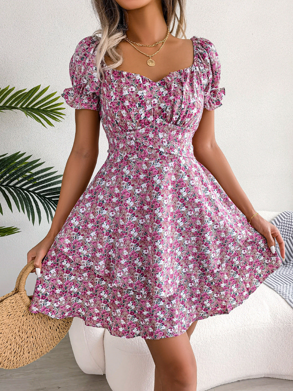 Women Mini Dress Temperament Big Swing Loose Hem Flower Print Shirring Dress Up Short Sleeves High Waist Summer Dress Clothes ARVASHAA