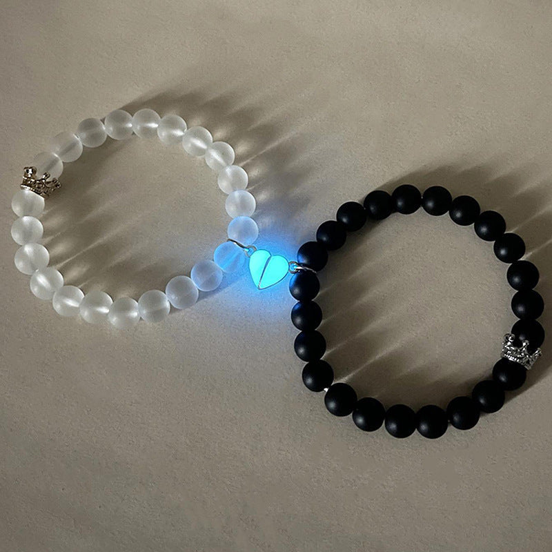 Fashion Jewelry 2pcs Handmade Crown Beaded Charms Bracelet Luminou Heart Glow In The Dark Couple Bracelet For Lover Men Women Fluorescent Gift ARVASHAA