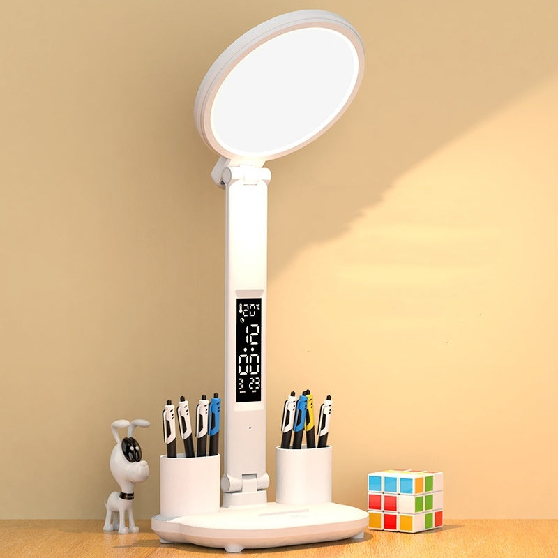 LED Clock Table Lamp USB Chargeable Dimmable Desk Lamp Plug-in LED Fan Light Foldable Eye Protection Reading Night Light ARVASHAA