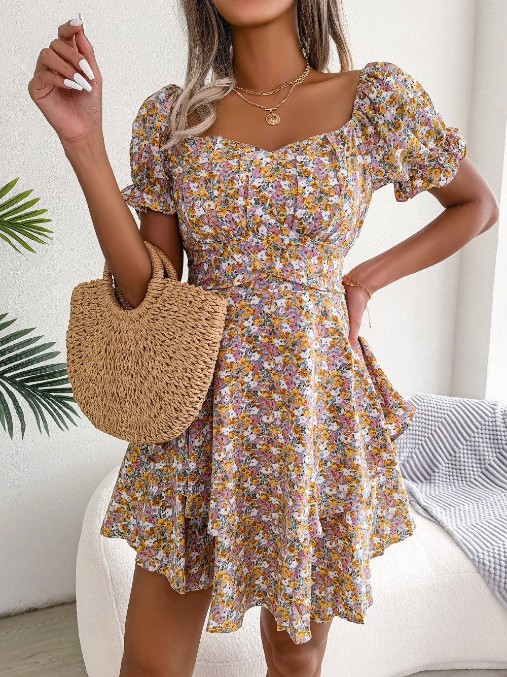 Women Mini Dress Temperament Big Swing Loose Hem Flower Print Shirring Dress Up Short Sleeves High Waist Summer Dress Clothes ARVASHAA