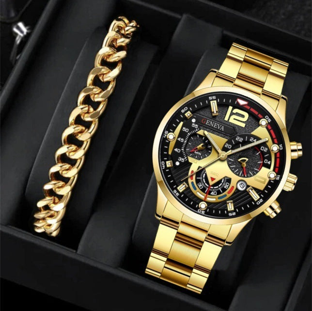 2pcs Men’s Steel Strip Quartz Watch & Bracelet Set | Fashion Business Three-Eye Design – Valentine’s Day Gift ARVASHAA