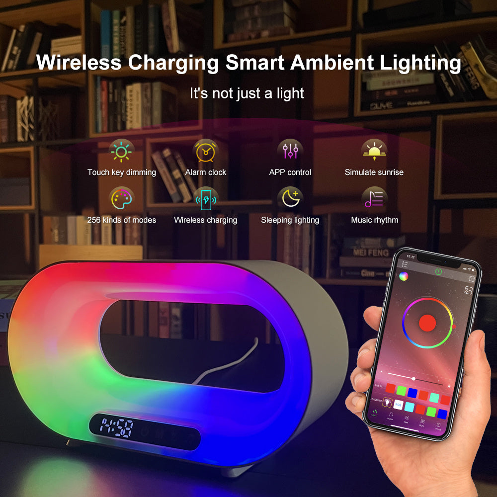 Multi-function 3 In 1 LED Night Light APP Control RGB Atmosphere Desk Lamp Smart Multifunctional Wireless Charger Alarm Clock ARVASHAA
