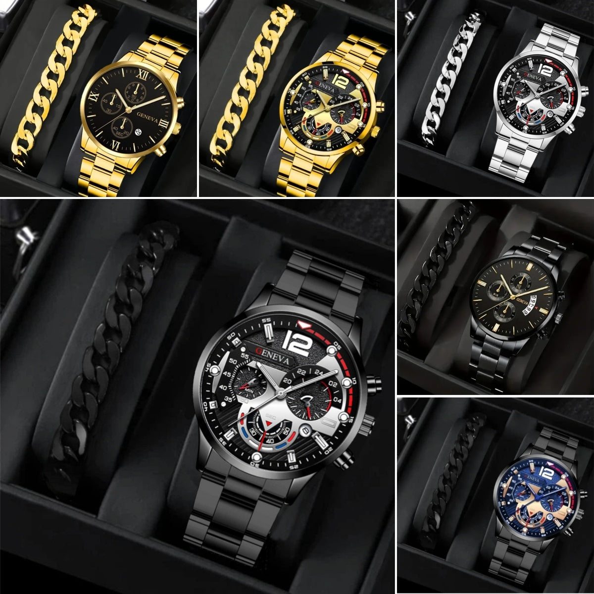 2pcs Men's New Popular Steel Strip Fashion Business Three Eye Quartz Watch Bracelet Set Valentine's Day Gifts ARVASHAA