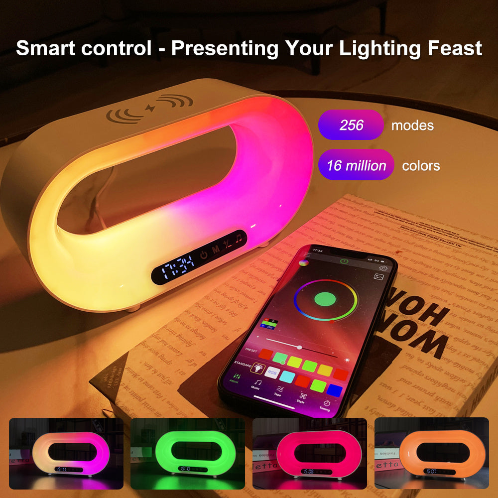 Multi-function 3 In 1 LED Night Light APP Control RGB Atmosphere Desk Lamp Smart Multifunctional Wireless Charger Alarm Clock ARVASHAA