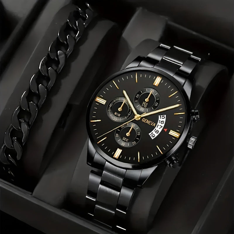 2pcs Men’s Steel Strip Quartz Watch & Bracelet Set | Fashion Business Three-Eye Design – Valentine’s Day Gift ARVASHAA