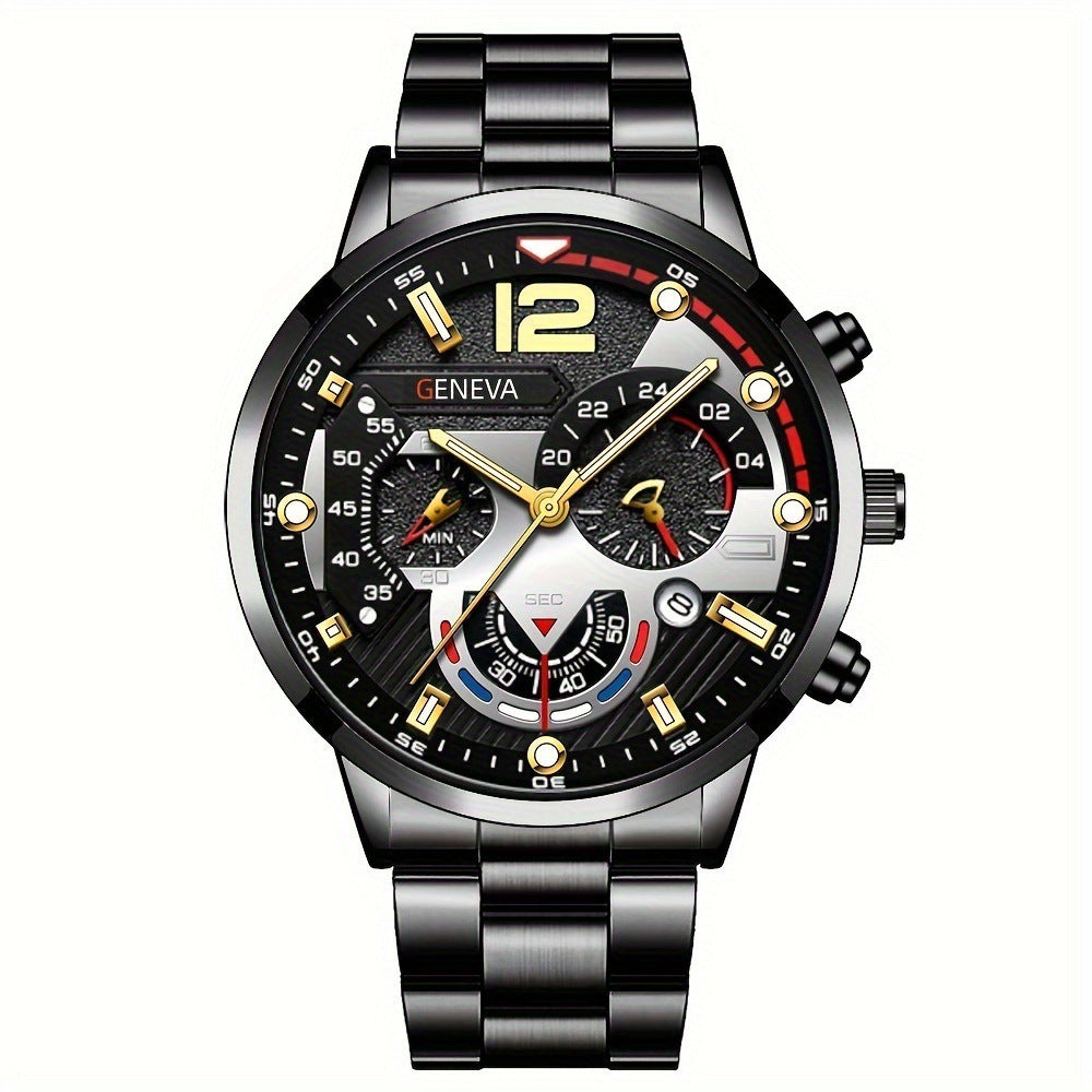 2pcs Men’s Steel Strip Quartz Watch & Bracelet Set | Fashion Business Three-Eye Design – Valentine’s Day Gift ARVASHAA