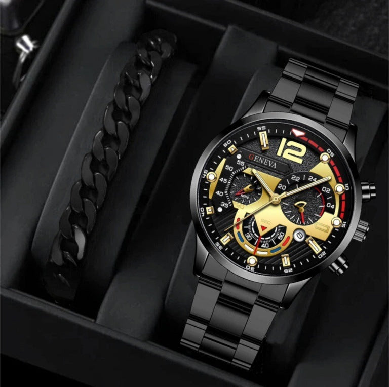 2pcs Men’s Steel Strip Quartz Watch & Bracelet Set | Fashion Business Three-Eye Design – Valentine’s Day Gift ARVASHAA