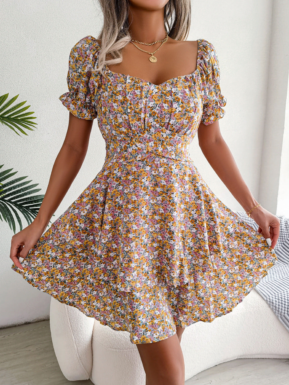 Women Mini Dress Temperament Big Swing Loose Hem Flower Print Shirring Dress Up Short Sleeves High Waist Summer Dress Clothes ARVASHAA
