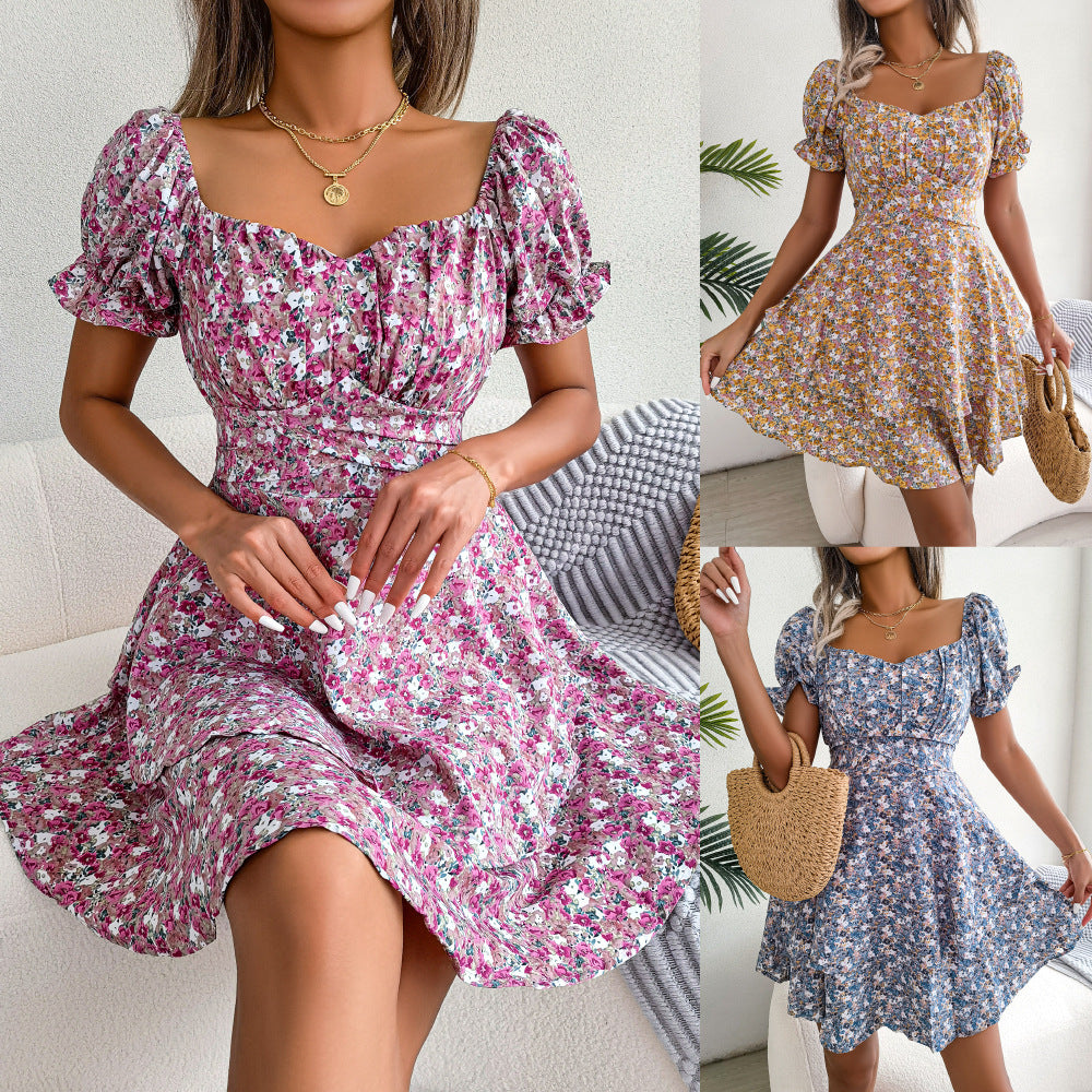 Women Mini Dress Temperament Big Swing Loose Hem Flower Print Shirring Dress Up Short Sleeves High Waist Summer Dress Clothes ARVASHAA
