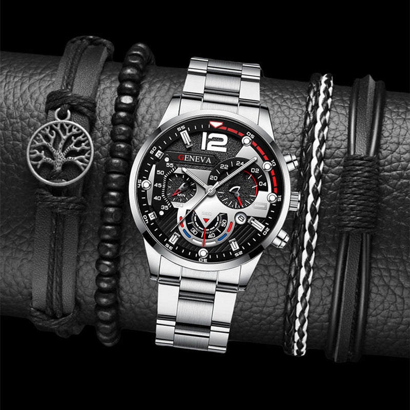 2pcs Men’s Steel Strip Quartz Watch & Bracelet Set | Fashion Business Three-Eye Design – Valentine’s Day Gift ARVASHAA