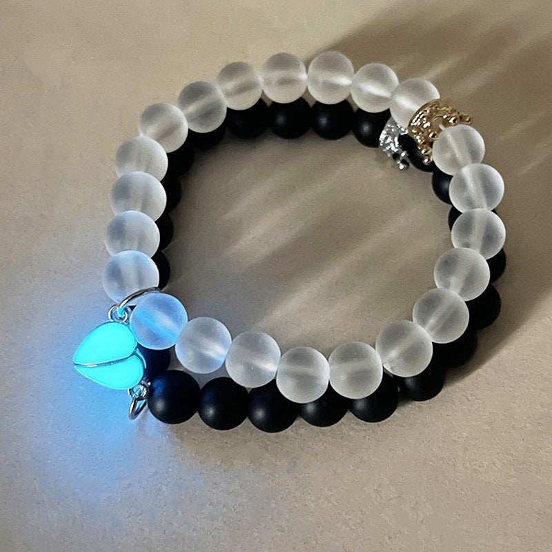 Fashion Jewelry 2pcs Handmade Crown Beaded Charms Bracelet Luminou Heart Glow In The Dark Couple Bracelet For Lover Men Women Fluorescent Gift ARVASHAA