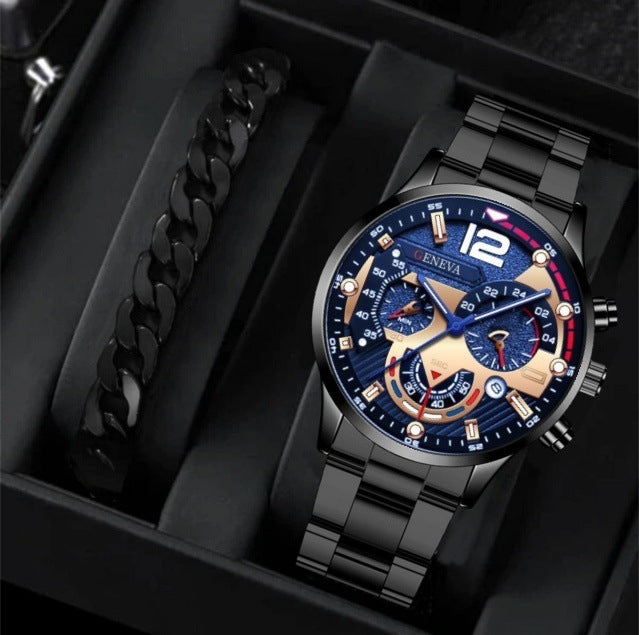 2pcs Men’s Steel Strip Quartz Watch & Bracelet Set | Fashion Business Three-Eye Design – Valentine’s Day Gift ARVASHAA