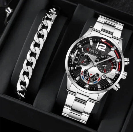 2pcs Men’s Steel Strip Quartz Watch & Bracelet Set | Fashion Business Three-Eye Design – Valentine’s Day Gift ARVASHAA