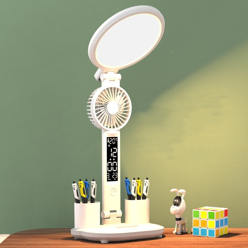 LED Clock Table Lamp USB Chargeable Dimmable Desk Lamp Plug-in LED Fan Light Foldable Eye Protection Reading Night Light ARVASHAA