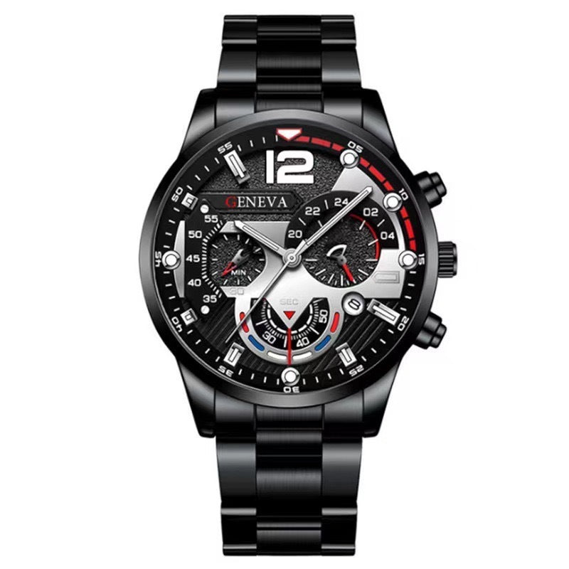 2pcs Men's New Popular Steel Strip Fashion Business Three Eye Quartz Watch Bracelet Set Valentine's Day Gifts ARVASHAA