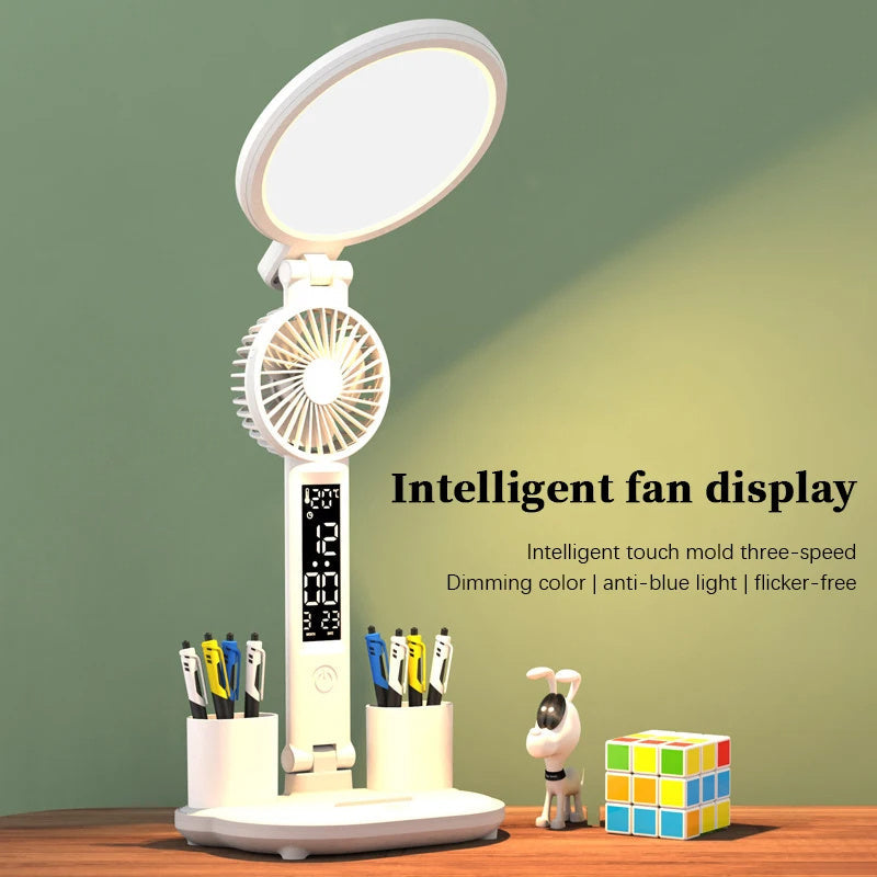 LED Clock Table Lamp USB Chargeable Dimmable Desk Lamp Plug-in LED Fan Light Foldable Eye Protection Reading Night Light ARVASHAA