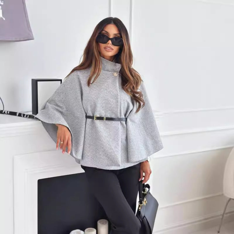 New Stand Collar Batwing Sleeves Cloak Top With Belt Ins Fashion Temperament Jacket Woolen Sweater Outwear For Women Clothing ARVASHA