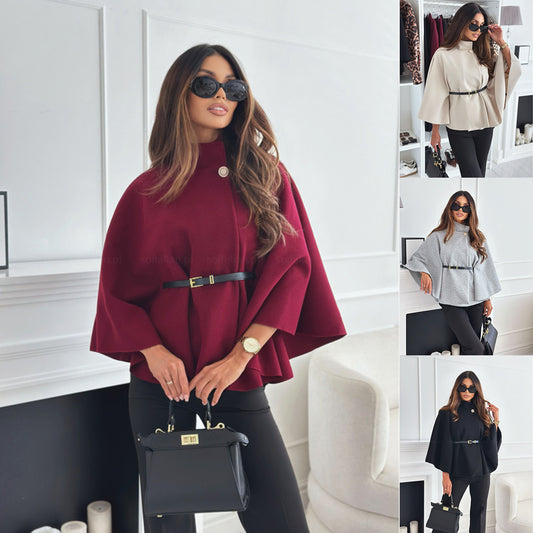 New Stand Collar Batwing Sleeves Cloak Top With Belt Ins Fashion Temperament Jacket Woolen Sweater Outwear For Women Clothing ARVASHA