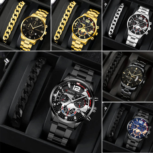 2pcs Men's New Popular Steel Strip Fashion Business Three Eye Quartz Watch Bracelet Set Valentine's Day Gifts ARVASHAA