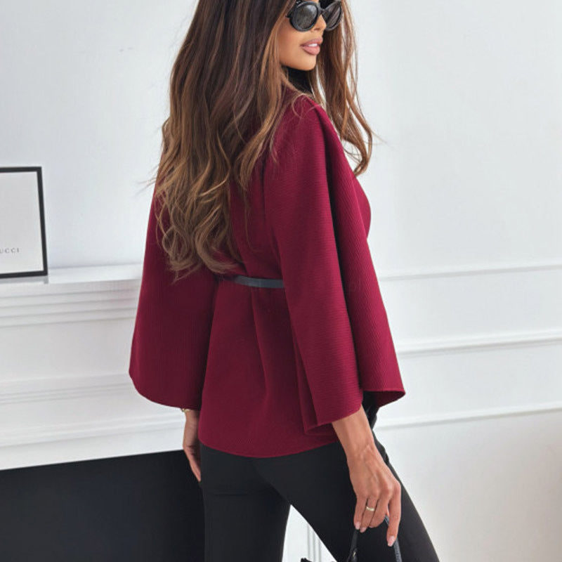 New Stand Collar Batwing Sleeves Cloak Top With Belt Ins Fashion Temperament Jacket Woolen Sweater Outwear For Women Clothing ARVASHA