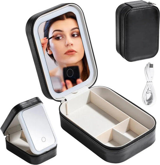 Makeup Tools Storage Case with LED Mirror Small Makeup Bag with Lighted Mirror 3 Colors Adjustable Makeup Mirror Storage Box ASKVexperts