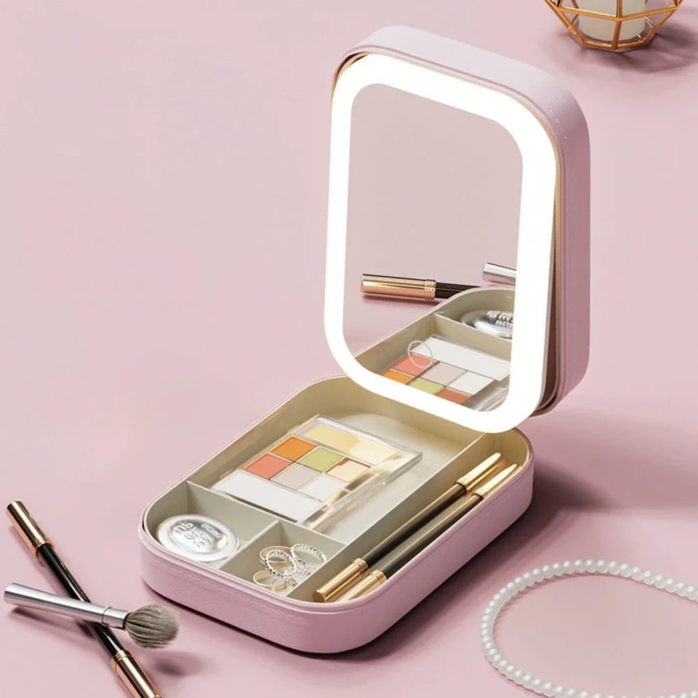 LED Mirror Makeup Storage Box Portable Travel Makeup Case Cosmetic Bag Large-capacity Make Up Storage Box Makeup Accessories ASKVexperts