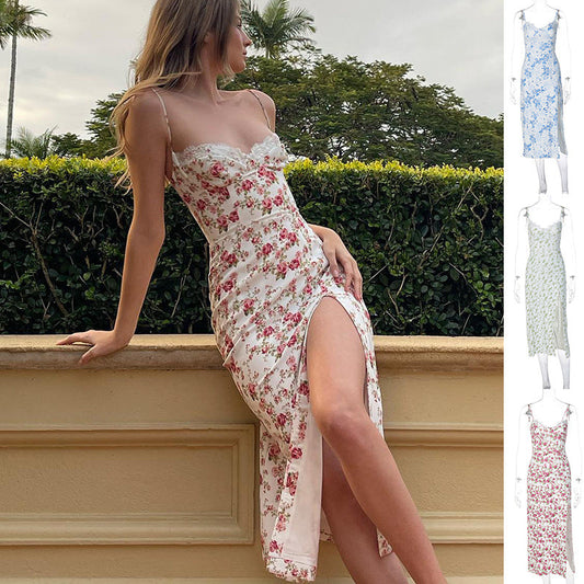 Lace Flowers Print Long Dress Sexy Fashion Slit Suspender Dress Summer Womens Clothing ARVASHAA