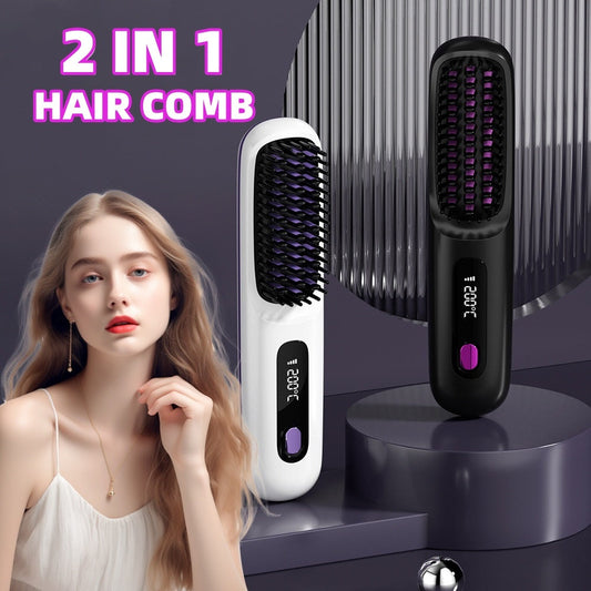 2 In 1 Straight Hair Comb Wireless Hair Straightener Brush Hair Fast Heating Portable Hot Curler USB Charging ARVASHA