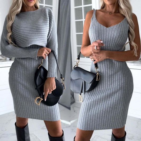 2pcs Suit Women's Solid Stripe Long-sleeved Top And Tight Suspender Skirt Fashion Autumn Winter Slim Clothing ARVASHA