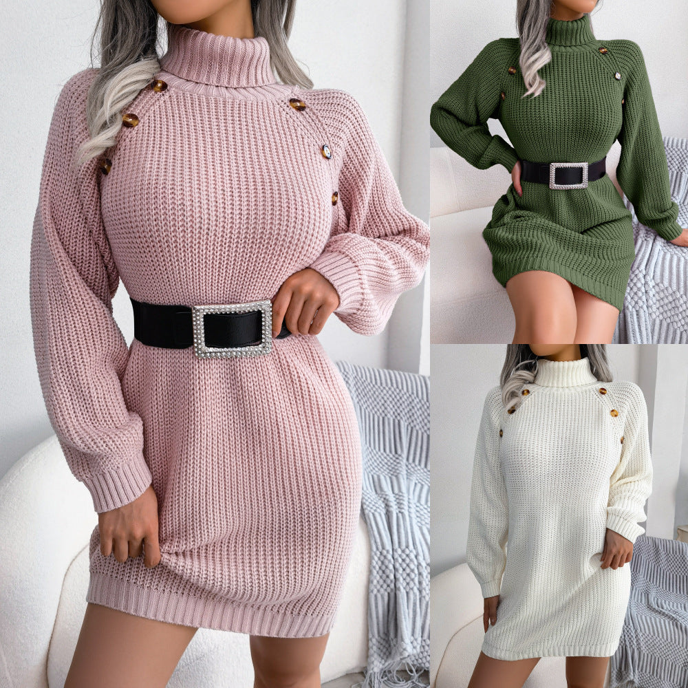 Winter Turtleneck Long Sweater Dress With Button Design Leisure Clinch Long Sleeve Base Sweater Women ARVASHA
