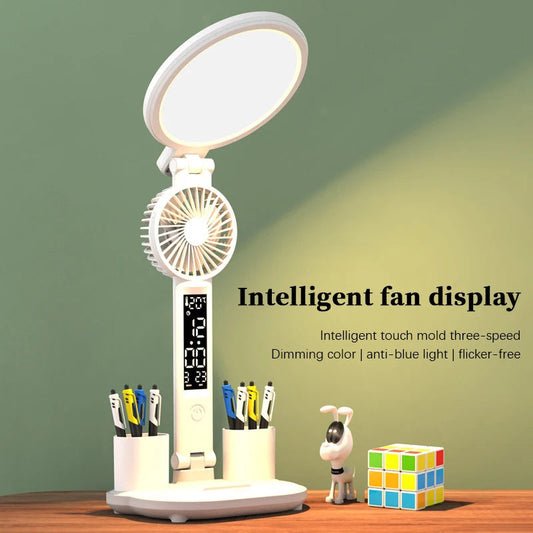 LED Clock Table Lamp USB Chargeable Dimmable Desk Lamp Plug-in LED Fan Light Foldable Eye Protection Reading Night Light ARVASHAA