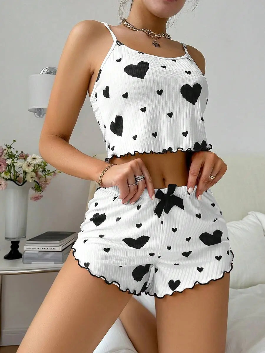 Heart Printed Strappy Shorts Pajamas ARVASHA