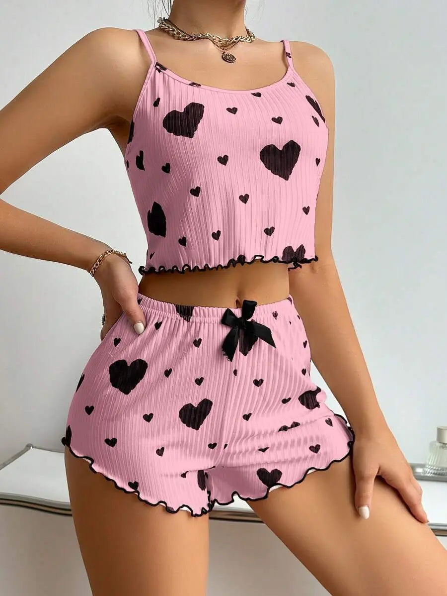 Heart Printed Strappy Shorts Pajamas ARVASHA