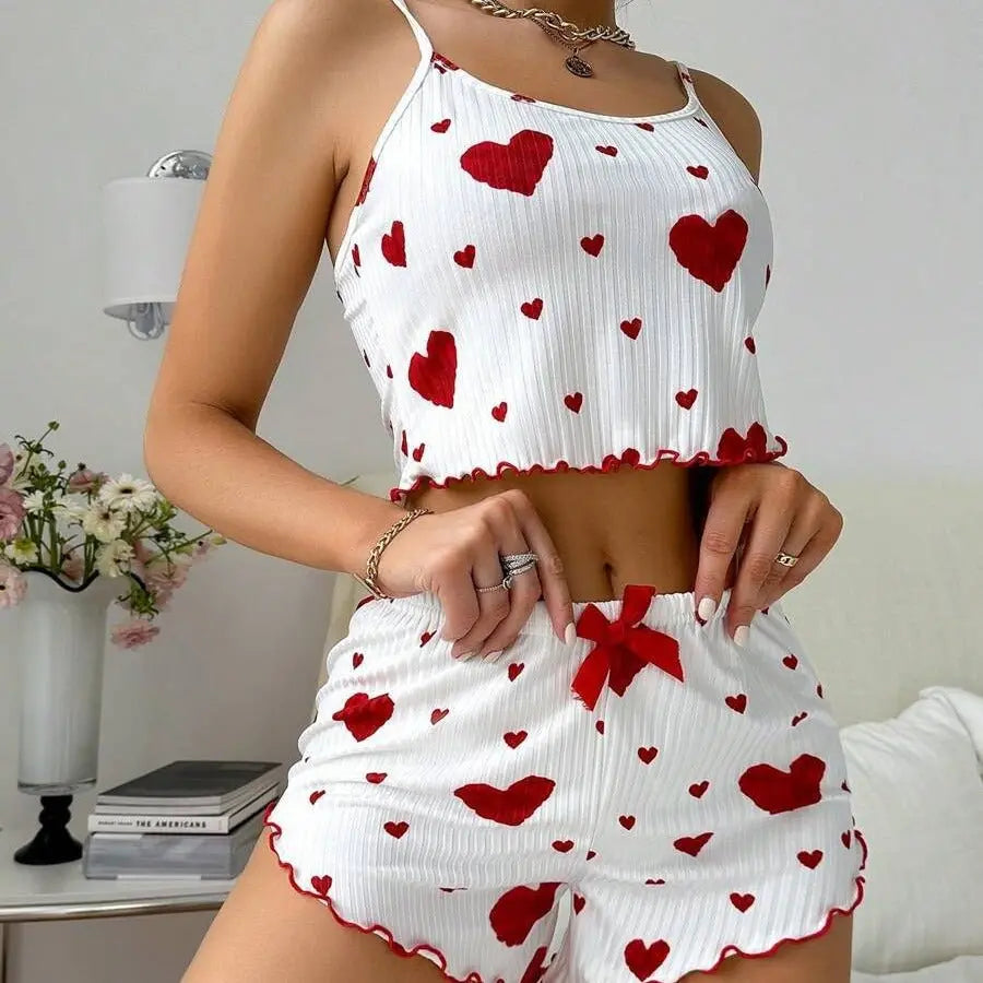 Heart Printed Strappy Shorts Pajamas ARVASHA